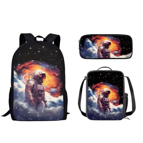 Pzuqiu Schüler-Rucksack für Kinder mit Lunchbox und Federmäppchen, 3-teiliges Set, Schultaschen für Jungen/Mädchen, Grundschule, Astronaut von Pzuqiu