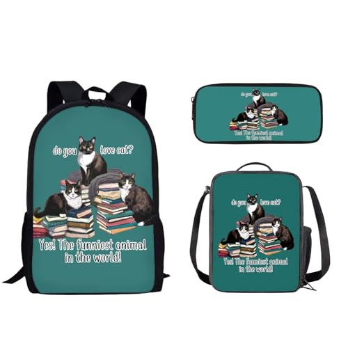 Pzuqiu Schüler-Rucksack für Kinder mit Lunchbox und Federmäppchen, 3-teiliges Set, Schultaschen für Jungen/Mädchen, Grundschule, Buch Katze von Pzuqiu