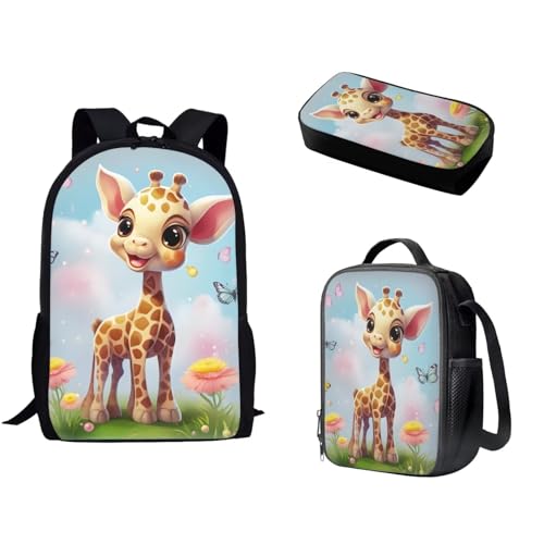 Pzuqiu Schüler-Rucksack für Kinder mit Lunchbox und Federmäppchen, 3-teiliges Set, Schultaschen für Jungen/Mädchen, Grundschule, Cartoon-Giraffe von Pzuqiu