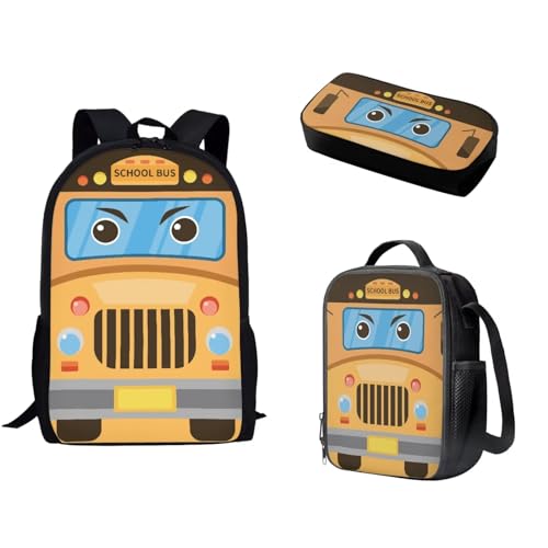 Pzuqiu Schüler-Rucksack für Kinder mit Lunchbox und Federmäppchen, 3-teiliges Set, Schultaschen für Jungen/Mädchen, Grundschule, Cartoon-Schulbus von Pzuqiu