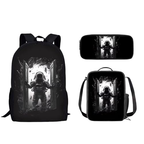 Pzuqiu Schüler-Rucksack für Kinder mit Lunchbox und Federmäppchen, 3-teiliges Set, Schultaschen für Jungen/Mädchen, Grundschule, Cooler Astronaut von Pzuqiu