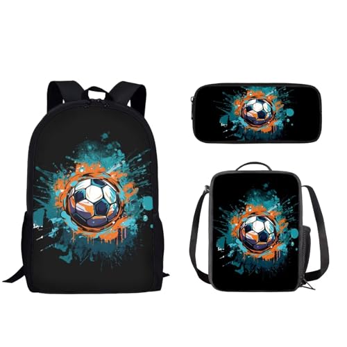 Pzuqiu Schüler-Rucksack für Kinder mit Lunchbox und Federmäppchen, 3-teiliges Set, Schultaschen für Jungen/Mädchen, Grundschule, Cooler Fußball von Pzuqiu