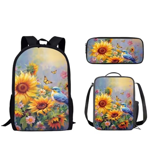 Pzuqiu Schüler-Rucksack für Kinder mit Lunchbox und Federmäppchen, 3-teiliges Set, Schultaschen für Jungen/Mädchen, Grundschule, Kolibri Sonnenblume von Pzuqiu