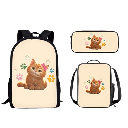 Pzuqiu Schüler-Rucksack für Kinder mit Lunchbox und Federmäppchen, 3-teiliges Set, Schultaschen für Jungen/Mädchen, Grundschule, Niedliche Katzenpfote von Pzuqiu