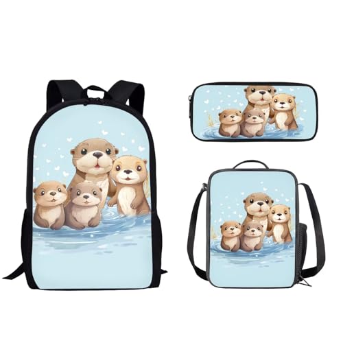 Pzuqiu Schüler-Rucksack für Kinder mit Lunchbox und Federmäppchen, 3-teiliges Set, Schultaschen für Jungen/Mädchen, Grundschule, Süße Otter-Familie von Pzuqiu