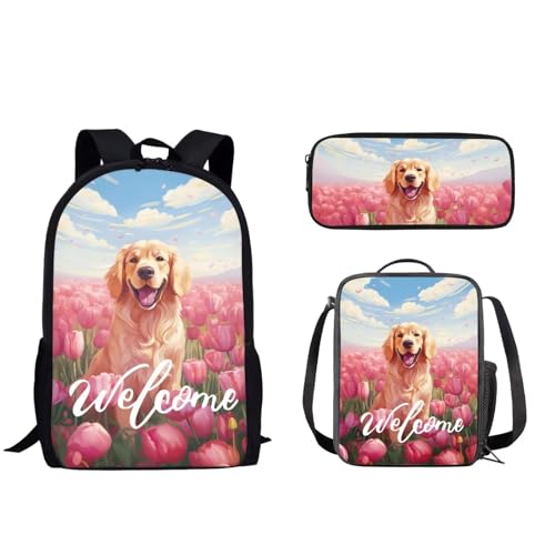 Pzuqiu Schüler-Rucksack für Kinder mit Lunchbox und Federmäppchen, 3-teiliges Set, Schultaschen für Jungen/Mädchen, Grundschule, Tulpenhund von Pzuqiu