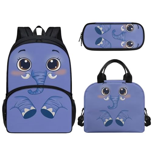 Pzuqiu Schüler-Rucksack mit Lunch-Tasche, Stiftebox für Kinder, 43,2 cm, Grundschule, Büchertasche für Teenager, 3 Stück, Cartoon Elefant von Pzuqiu