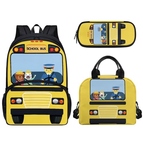 Pzuqiu Schüler-Rucksack mit Lunch-Tasche, Stiftebox für Kinder, 43,2 cm, Grundschule, Büchertasche für Teenager, 3 Stück, Cartoon-Schulbus von Pzuqiu