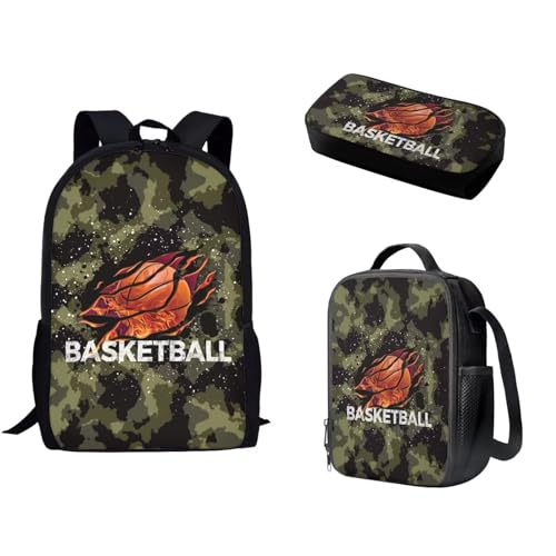 Pzuqiu Schüler-Rucksack mit Lunch-Tasche, Stiftebox für Kinder, Kindergarten, Grundschule, Mittelschule, Büchertasche für Teenager, 3 Stück, Basketball, Camouflage von Pzuqiu