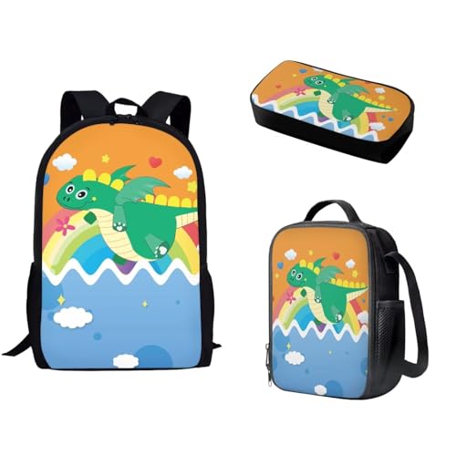 Pzuqiu Schüler-Rucksack mit Lunch-Tasche, Stiftebox für Kinder, Kindergarten, Grundschule, Mittelschule, Büchertasche für Teenager, 3 Stück, Cartoon Dinosaurier von Pzuqiu