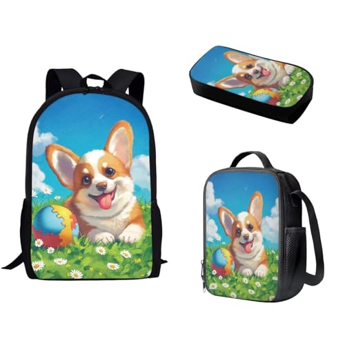 Pzuqiu Schüler-Rucksack mit Lunch-Tasche, Stiftebox für Kinder, Kindergarten, Grundschule, Mittelschule, Büchertasche für Teenager, 3 Stück, Süße Corgi von Pzuqiu