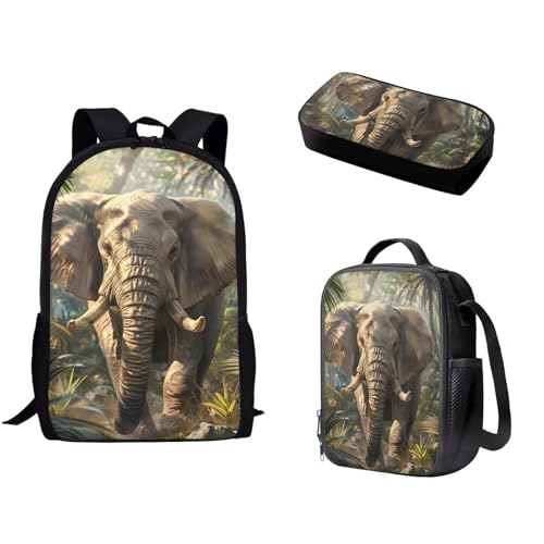 Pzuqiu Schüler-Rucksack mit Lunch-Tasche, Stiftebox für Kinder, Kindergarten, Grundschule, Mittelschule, Büchertasche für Teenager, 3 Stück, elefant von Pzuqiu