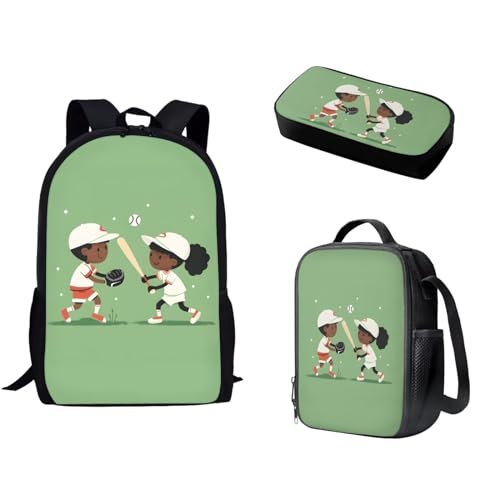 Pzuqiu Schüler-Rucksack mit Lunch-Tasche, Stiftebox für Kinder, Kindergarten, Grundschule, Mittelschule, Cartoon-Büchertasche, 3 Stück, Baseball-Kinder von Pzuqiu