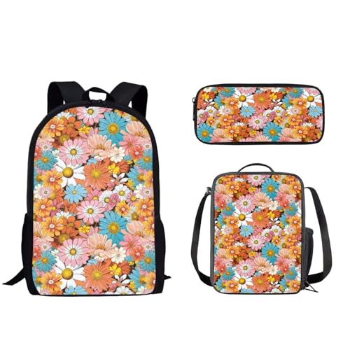 Pzuqiu Schüler-Rucksack mit Lunch-Tasche, Stiftebox für Kinder, Kindergarten, Grundschule, Mittelschule, Cartoon-Büchertasche, 3 Stück, Buntes Gänseblümchen von Pzuqiu