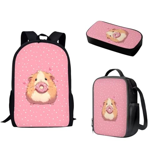 Pzuqiu Schüler-Rucksack mit Lunch-Tasche, Stiftebox für Kinder, Kindergarten, Grundschule, Mittelschule, Cartoon-Büchertasche, 3 Stück, Donut-Hamster von Pzuqiu