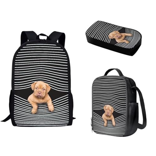 Pzuqiu Schüler-Rucksack mit Lunch-Tasche, Stiftebox für Kinder, Kindergarten, Grundschule, Mittelschule, Cartoon-Büchertasche, 3 Stück, Hundestreifen von Pzuqiu