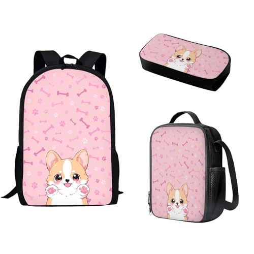 Pzuqiu Schüler-Rucksack mit Lunch-Tasche, Stiftebox für Kinder, Kindergarten, Grundschule, Mittelschule, Cartoon-Büchertasche, 3 Stück, Katzenknochen von Pzuqiu