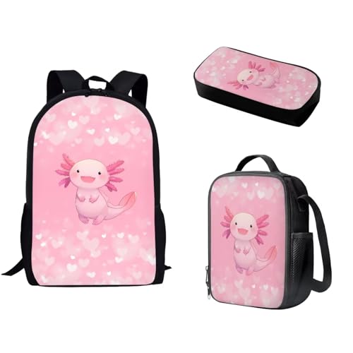 Pzuqiu Schüler-Rucksack mit Lunch-Tasche, Stiftebox für Kinder, Kindergarten, Grundschule, Mittelschule, Cartoon-Büchertasche, 3 Stück, Love Axolotl Wal von Pzuqiu