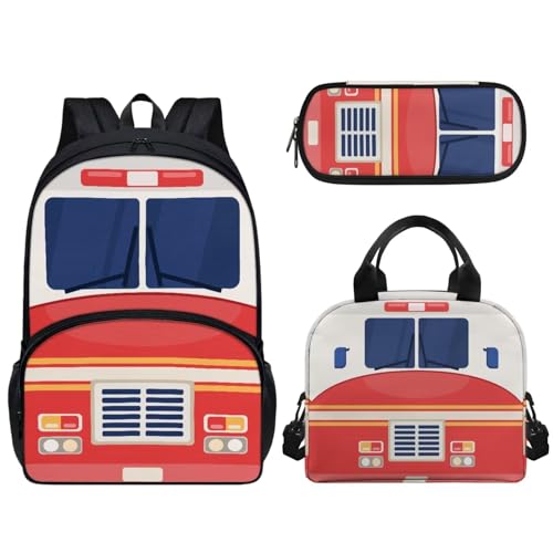 Pzuqiu Schulrucksack-Set für Kinder, 43,2 cm, Rucksack für Vorschule, Studenten, Schultasche mit Lunchbox und Federmäppchen, 3-teiliges Set, Cartoon-Feuerwehrauto von Pzuqiu