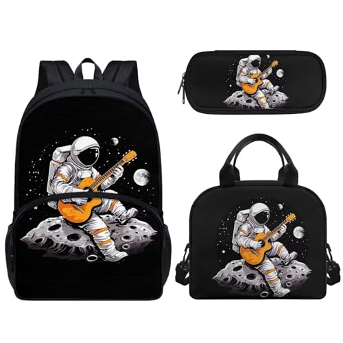 Pzuqiu Schulrucksack-Set für Kinder, 43,2 cm, Rucksack für Vorschule, Studenten, Schultasche mit Lunchbox und Federmäppchen, 3-teiliges Set, Gitarre, Astronaut von Pzuqiu