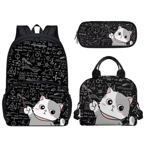 Pzuqiu Schulrucksack-Set für Kinder, 43,2 cm, Rucksack für Vorschule, Studenten, Schultasche mit Lunchbox und Federmäppchen, 3-teiliges Set, Mathe-Katze von Pzuqiu