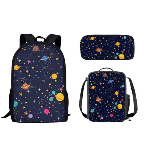 Pzuqiu Schulrucksack-Set für Kinder, Rucksack für Vorschule, Mittelschüler, Schultaschen mit Lunchbox und Federmäppchen, 3-teiliges Set, Bunter Planet von Pzuqiu