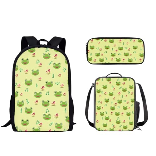 Pzuqiu Schulrucksack-Set für Kinder, Rucksack für Vorschule, Mittelschüler, Schultaschen mit Lunchbox und Federmäppchen, 3-teiliges Set, Cartoon Frosch von Pzuqiu