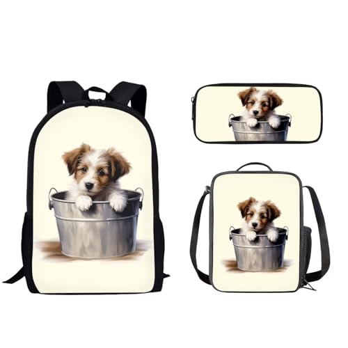 Pzuqiu Schulrucksack-Set für Kinder, Rucksack für Vorschule, Mittelschüler, Schultaschen mit Lunchbox und Federmäppchen, 3-teiliges Set, Cute Puppy von Pzuqiu