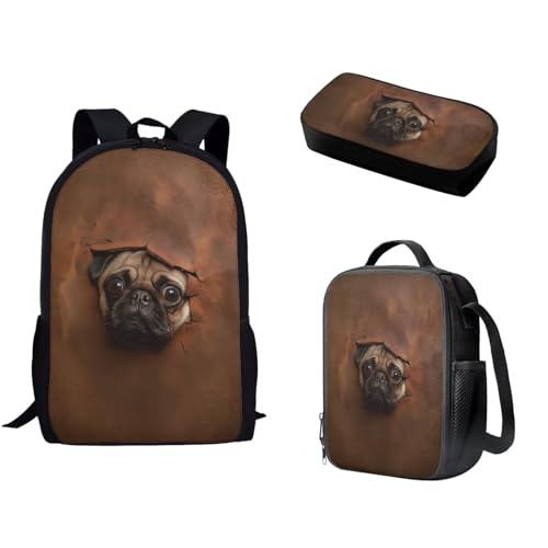 Pzuqiu Schulrucksack-Set für Kinder, Rucksack für Vorschule, Mittelschüler, Schultaschen mit Lunchbox und Federmäppchen, 3-teiliges Set, Loch Hund von Pzuqiu