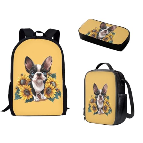 Pzuqiu Schulrucksack-Set für Kinder, Rucksack für Vorschule, Mittelschüler, Schultaschen mit Lunchbox und Federmäppchen, 3-teiliges Set, Sonnenblumen-Hund von Pzuqiu