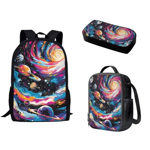 Pzuqiu Schulrucksack-Set für Kinder, Rucksack für Vorschule, Mittelschüler, Schultaschen mit Lunchbox und Federmäppchen, 3-teiliges Set, Wunderschöne Galaxie von Pzuqiu