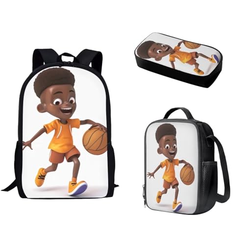Pzuqiu Schulrucksack-Set mit 3 Kinderrucksäcken mit Lunchbox und Federmäppchen für Grundschüler, Büchertaschen-Set, African Basketball Boy von Pzuqiu