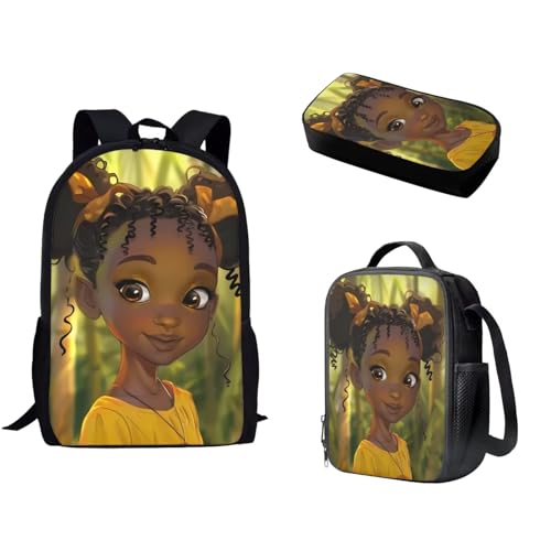 Pzuqiu Schulrucksack-Set mit 3 Kinderrucksäcken mit Lunchbox und Federmäppchen für Grundschüler, Büchertaschen-Set, Cartoon-Afrikanisches Mädchen von Pzuqiu