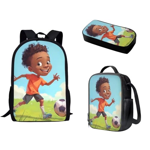 Pzuqiu Schulrucksack-Set mit 3 Kinderrucksäcken mit Lunchbox und Federmäppchen für Grundschüler, Büchertaschen-Set, Smiling Boy von Pzuqiu