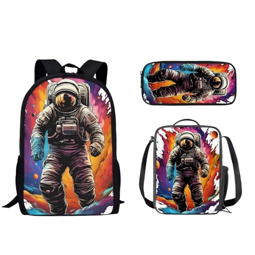 Pzuqiu Schulrucksack-Set mit passender Lunchtasche und Federmäppchen für Kinder, Grundschule, Mittelschüler, Büchertaschen, 3-teilig, Astronaut von Pzuqiu