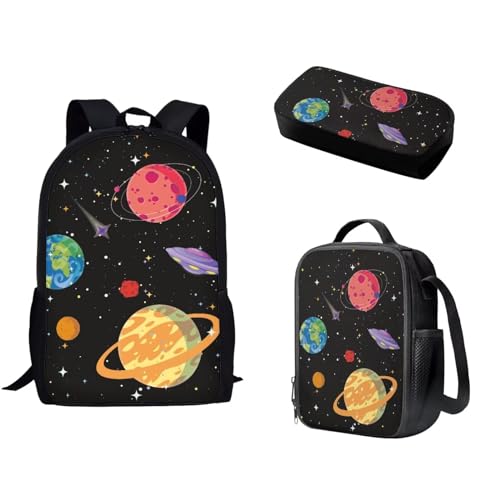 Pzuqiu Schulrucksack-Set mit passender Lunchtasche und Federmäppchen für Kinder, Grundschule, Mittelschüler, Büchertaschen, 3-teilig, Cartoon-Planet von Pzuqiu