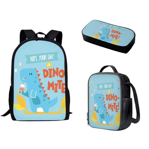 Pzuqiu Schulrucksack-Set mit passender Lunchtasche und Federmäppchen für Kinder, Grundschule, Mittelschüler, Büchertaschen, 3-teilig, Dinosaurier Blau von Pzuqiu