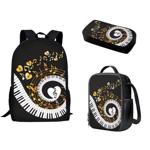 Pzuqiu Schulrucksack-Set mit passender Lunchtasche und Federmäppchen für Kinder, Grundschule, Mittelschüler, Büchertaschen, 3-teilig, Goldene Musiknote von Pzuqiu