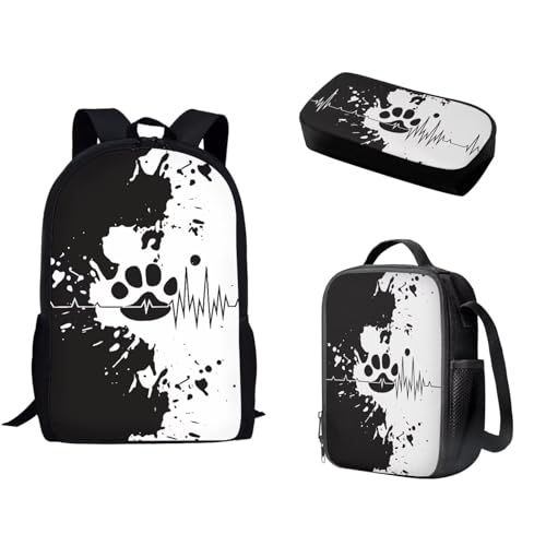 Pzuqiu Schulrucksack-Set mit passender Lunchtasche und Federmäppchen für Kinder, Grundschule, Mittelschüler, Büchertaschen, 3-teilig, Pfotenabdrücke von Pzuqiu