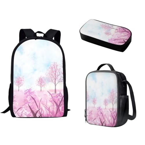 Pzuqiu Schulrucksack-Set mit passender Lunchtasche und Federmäppchen für Kinder, Grundschule, Mittelschüler, Büchertaschen, 3-teilig, Rosa/Wald von Pzuqiu