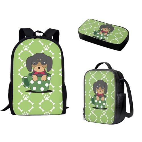 Pzuqiu Schulrucksack-Set mit passender Lunchtasche und Federmäppchen für Kinder, Grundschule, Mittelschüler, Büchertaschen, 3-teilig, Teetasse Hund von Pzuqiu