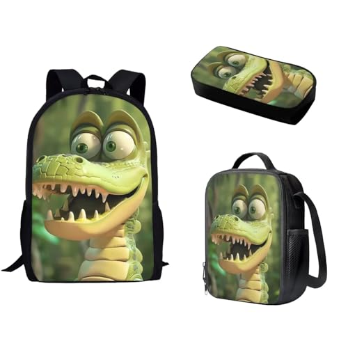 Pzuqiu Schulrucksack-Set mit passender Lunchtasche und Stifttasche für Kinder, Grundschule, Mittelschüler, Büchertasche, 3-teiliges Set, Cartoon Dinosaurier von Pzuqiu