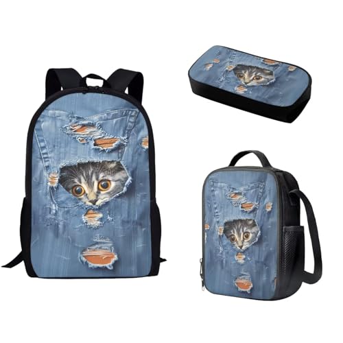 Pzuqiu Schulrucksack-Set mit passender Lunchtasche und Stifttasche für Kinder, Grundschule, Mittelschüler, Büchertasche, 3-teiliges Set, Denim Cat von Pzuqiu