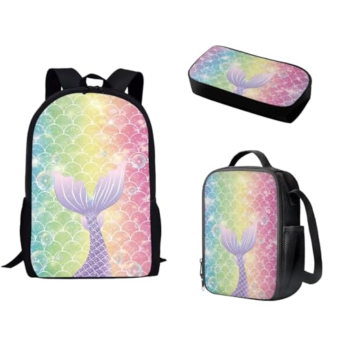 Pzuqiu Schulrucksack-Set mit passender Lunchtasche und Stifttasche für Kinder, Grundschule, Mittelschüler, Büchertasche, 3-teiliges Set, Glänzende Meerjungfrau von Pzuqiu