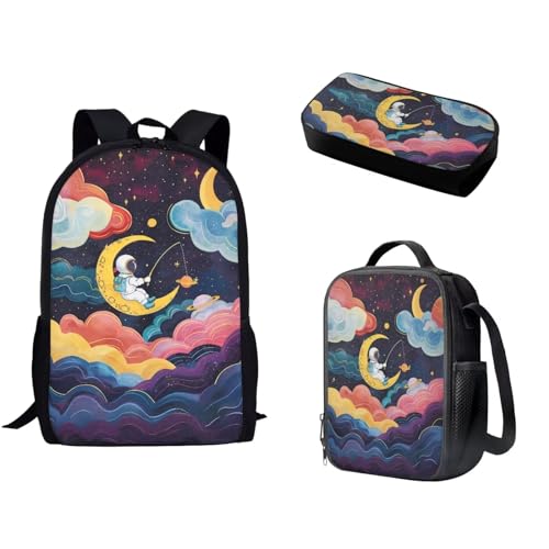 Pzuqiu Schulrucksack-Set mit passender Lunchtasche und Stifttasche für Kinder, Grundschule, Mittelschüler, Büchertasche, 3-teiliges Set, Mond-Astronaut von Pzuqiu