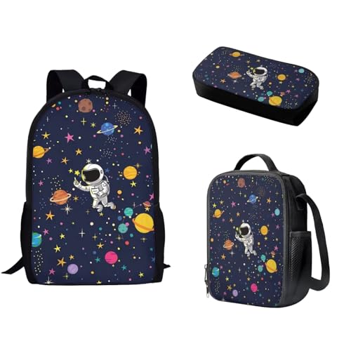 Pzuqiu Schulrucksack-Set mit passender Lunchtasche und Stifttasche für Kinder, Grundschule, Mittelschüler, Büchertasche, 3-teiliges Set, Planet Astronaut von Pzuqiu