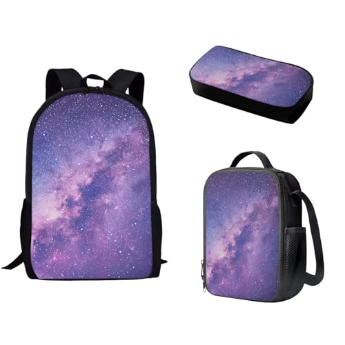 Pzuqiu Schulrucksack-Set mit passender Lunchtasche und Stifttasche für Kinder, Grundschule, Mittelschüler, Büchertasche, 3-teiliges Set, Sternenhimmel von Pzuqiu