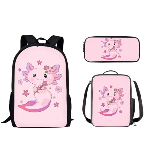 Pzuqiu Schulrucksack für Teenager, Kinder, Schultasche mit Lunchbox und Federmäppchen, Cartoon-Kinderrucksack, 3-teiliges Set, Axolotl Wal von Pzuqiu