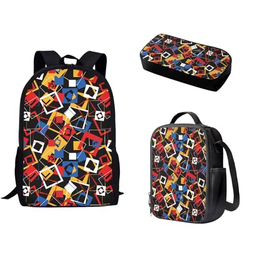 Pzuqiu Schulrucksack für Teenager, Kinder, Schultasche mit Lunchbox und Federmäppchen, Cartoon-Kinderrucksack, 3-teiliges Set, Buntes Rechteck von Pzuqiu