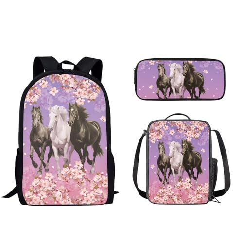 Pzuqiu Schulrucksack für Teenager, Kinder, Schultasche mit Lunchbox und Federmäppchen, Cartoon-Kinderrucksack, 3-teiliges Set, Kirschblütenpferd von Pzuqiu